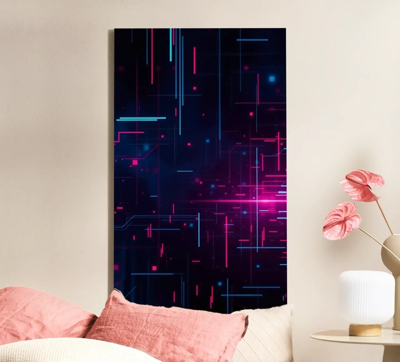 Vibrant abstract technology featuring lines and dots canvas by DesignDoodle