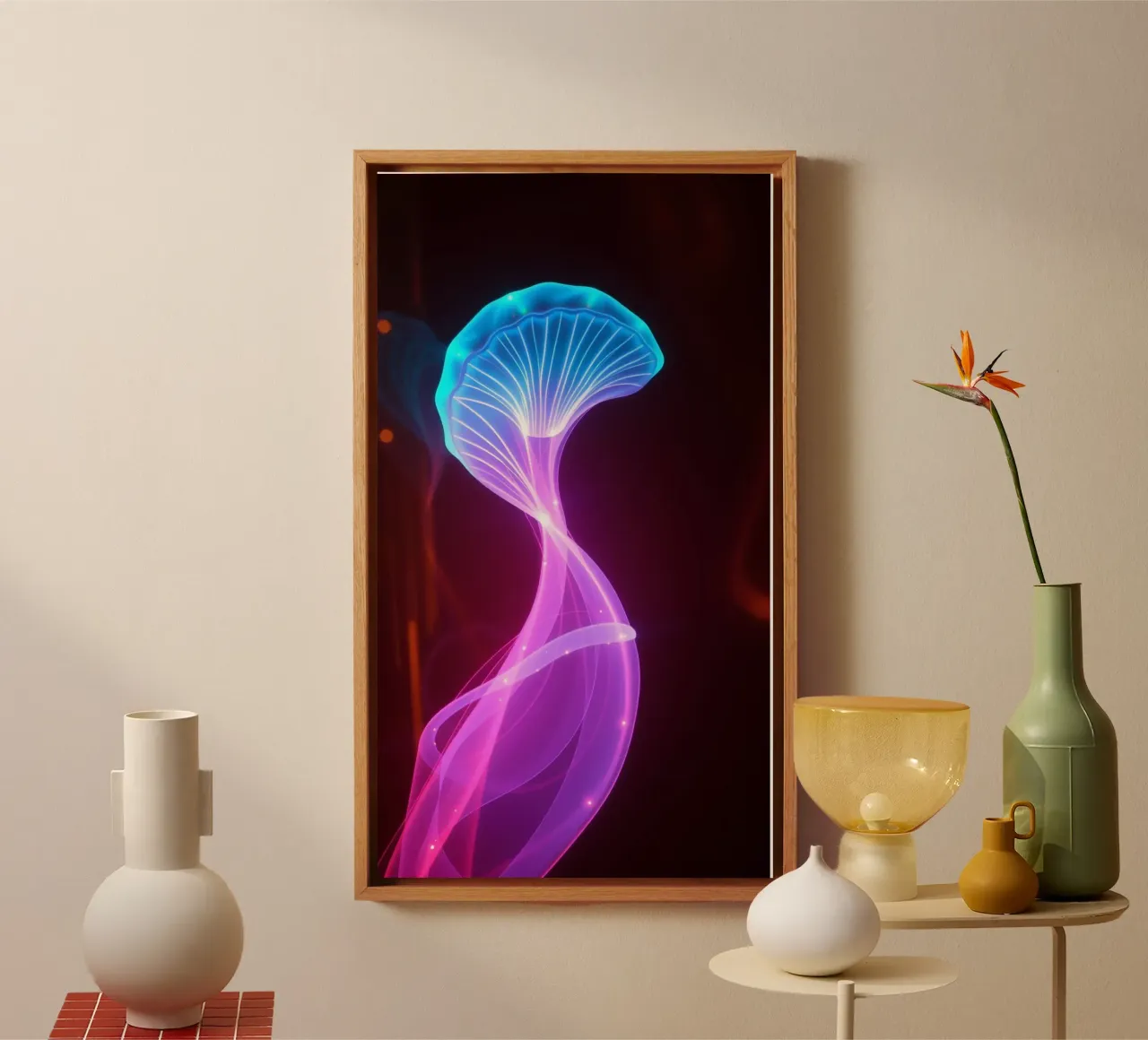 Vibrant abstract design featuring glowing jellyfish canvas with Floater frame by DesignDoodle