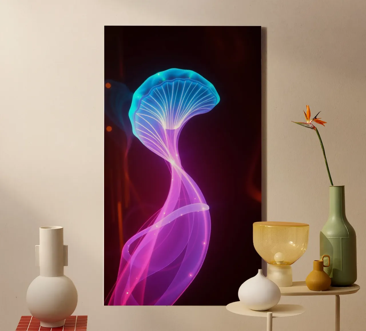 Vibrant abstract design featuring glowing jellyfish canvas with Floater frame by DesignDoodle