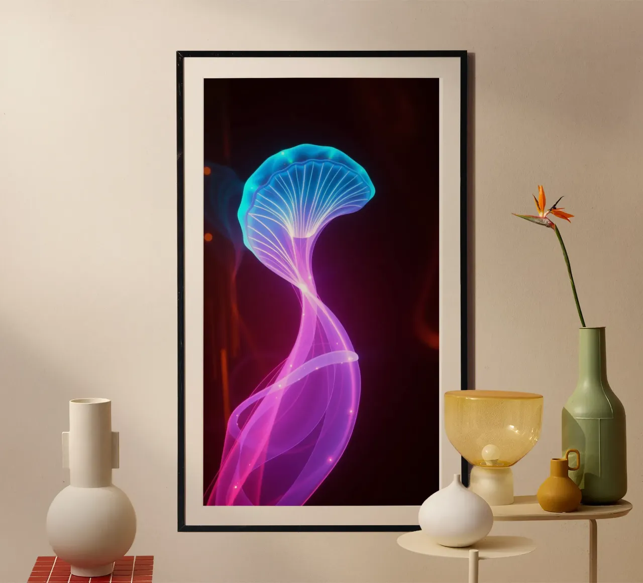 Motif abstrait vibrant représentant des méduses lumineuses poster avec cadre en plastique de DesignDoodle