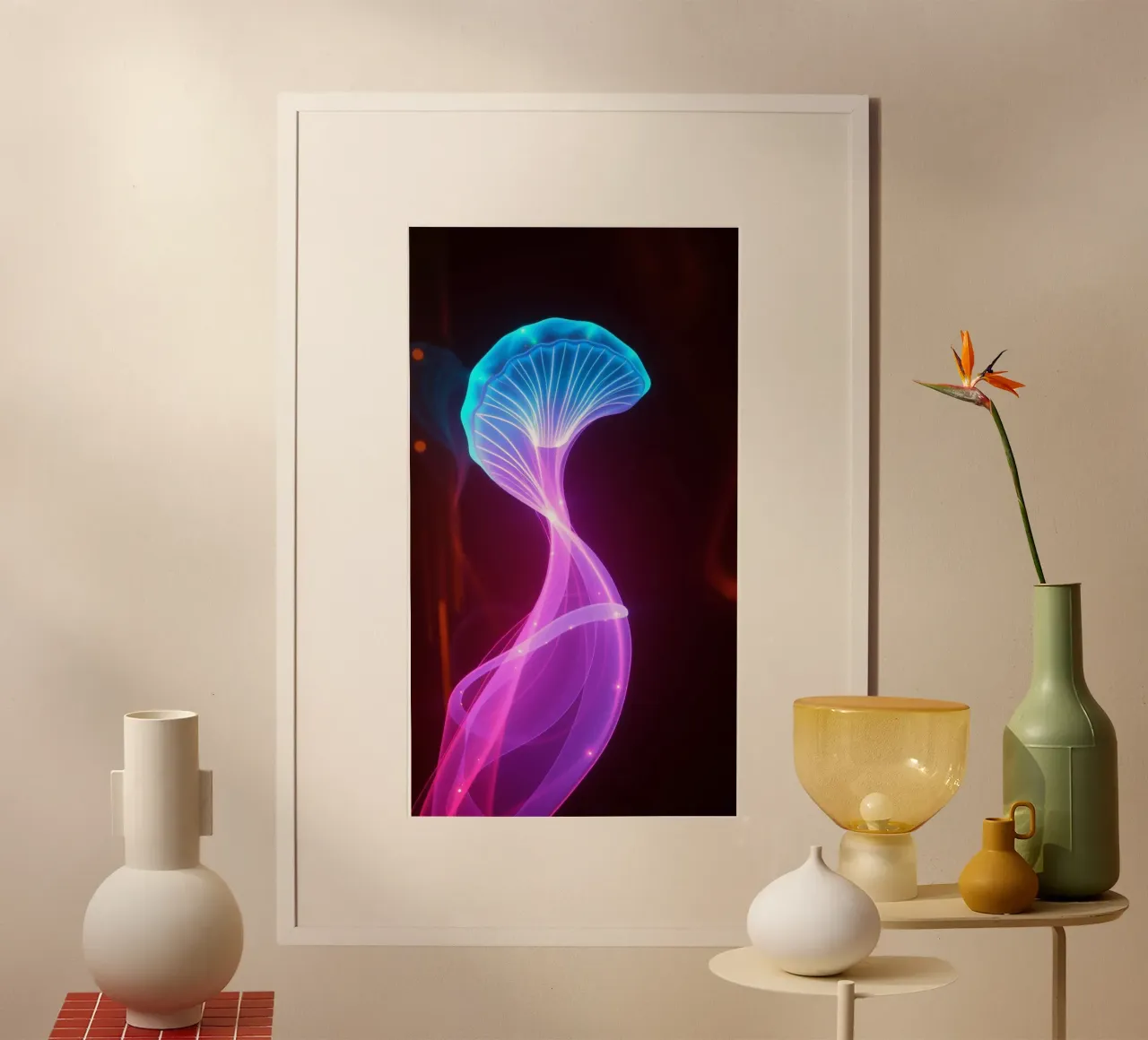 Motif abstrait vibrant représentant des méduses lumineuses poster avec cadre en plastique de DesignDoodle