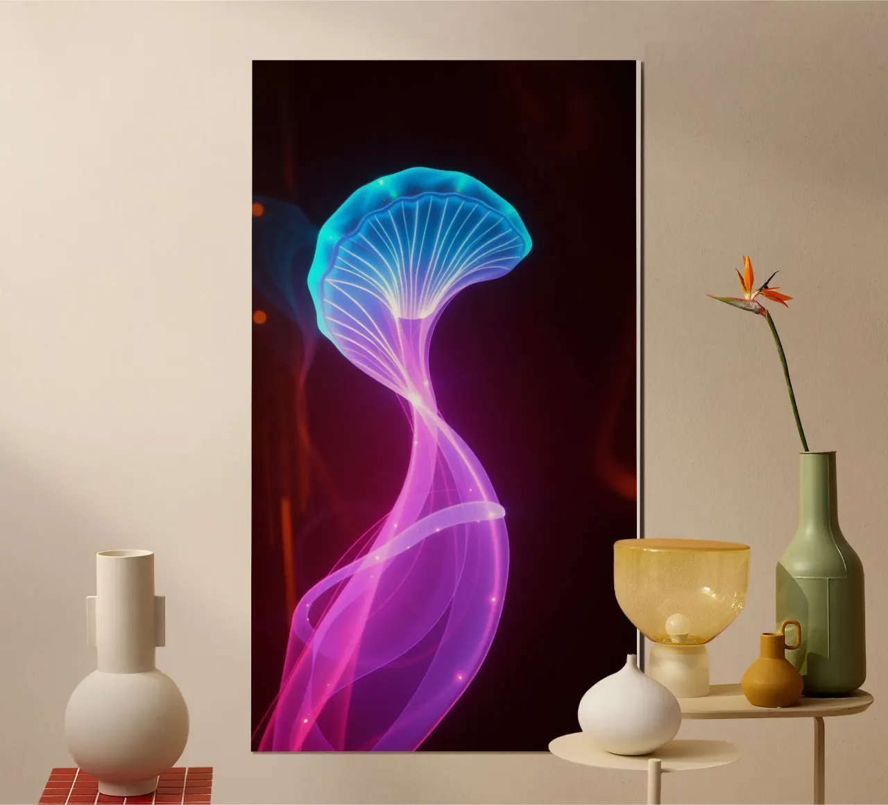 Motif abstrait vibrant représentant des méduses lumineuses poster avec cadre en plastique de DesignDoodle