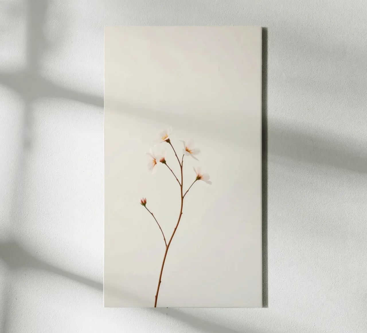 Delicate floral branch against a soft neutral background canvas with Floater frame by DesignDoodle