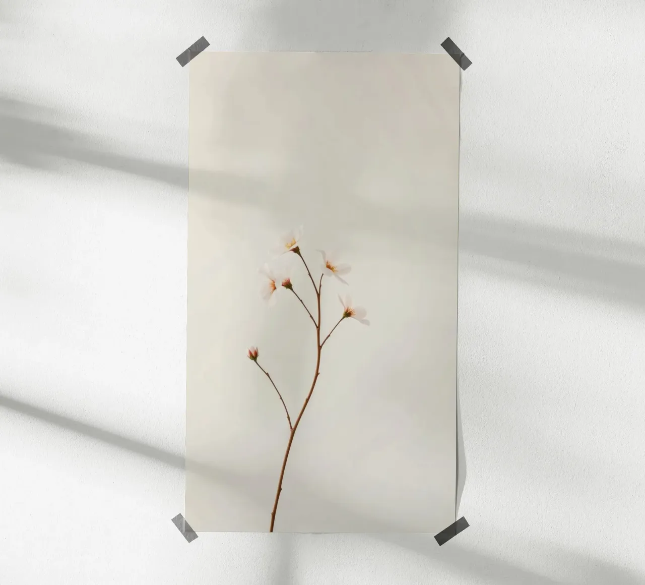 Zarter Blumenzweig vor einem weichen, neutralen Hintergrund Poster mit Holzrahmen von DesignDoodle