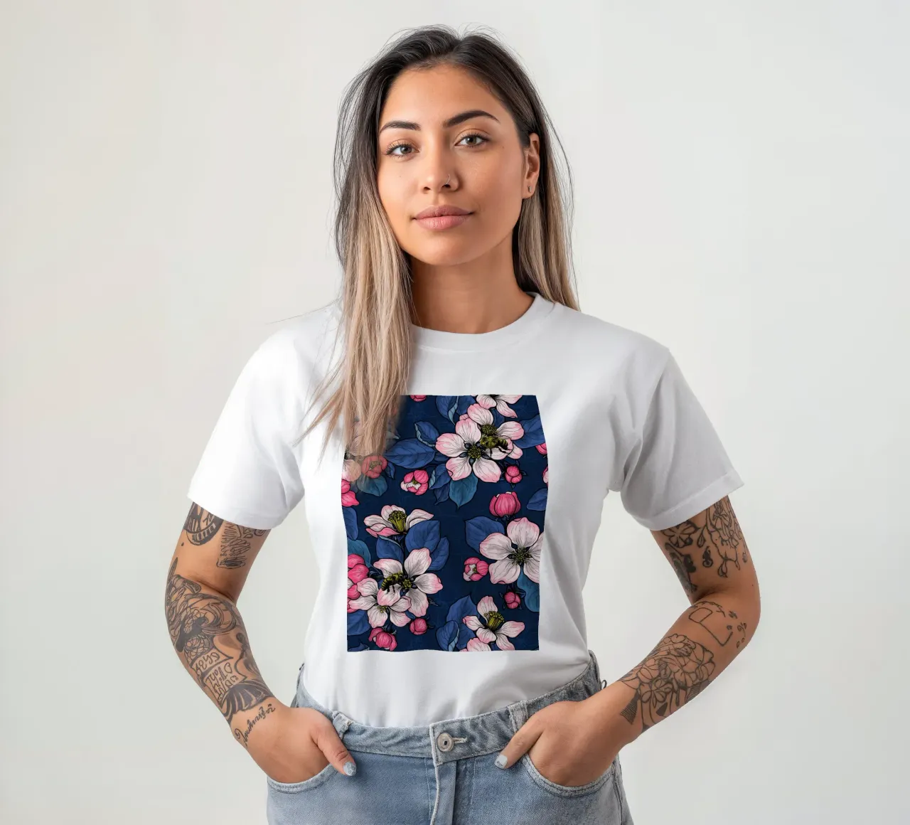 Apfelblüte auf Dunkelblau T-Shirt von Painted Nature