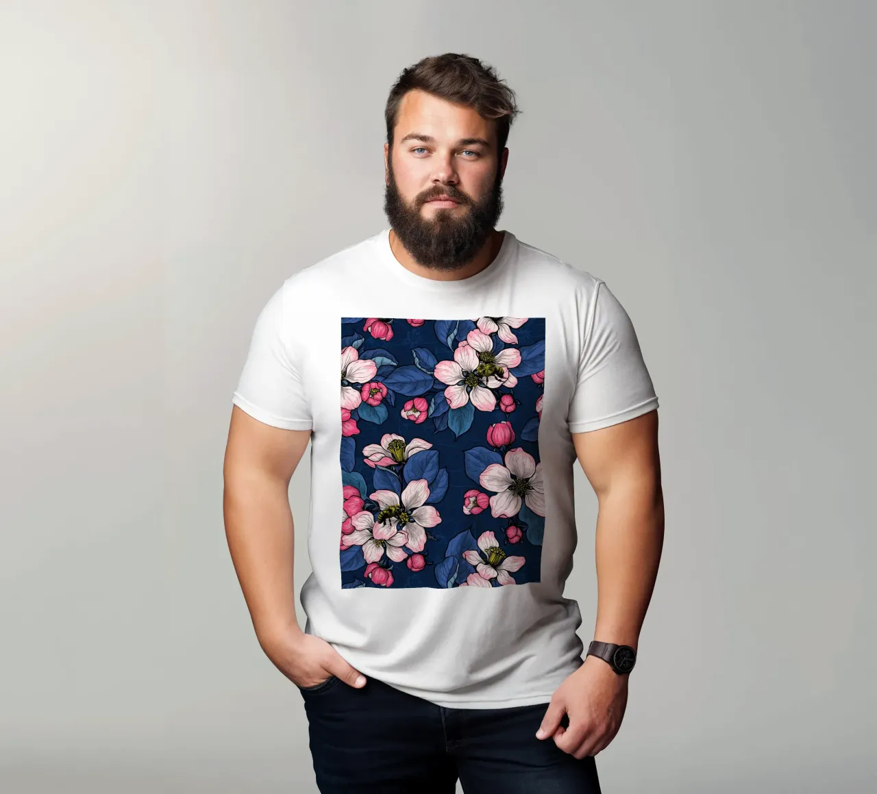 Apfelblüte auf Dunkelblau T-Shirt von Painted Nature