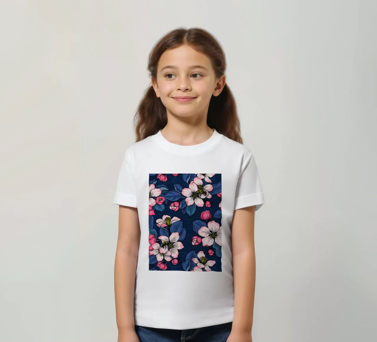 Fiori di melo su blu scuro t-shirt bambini da Painted Nature