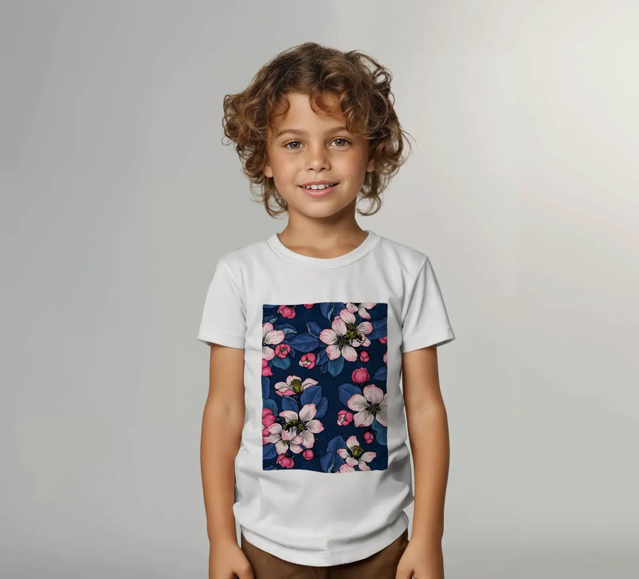 Fiori di melo su blu scuro t-shirt bambini da Painted Nature