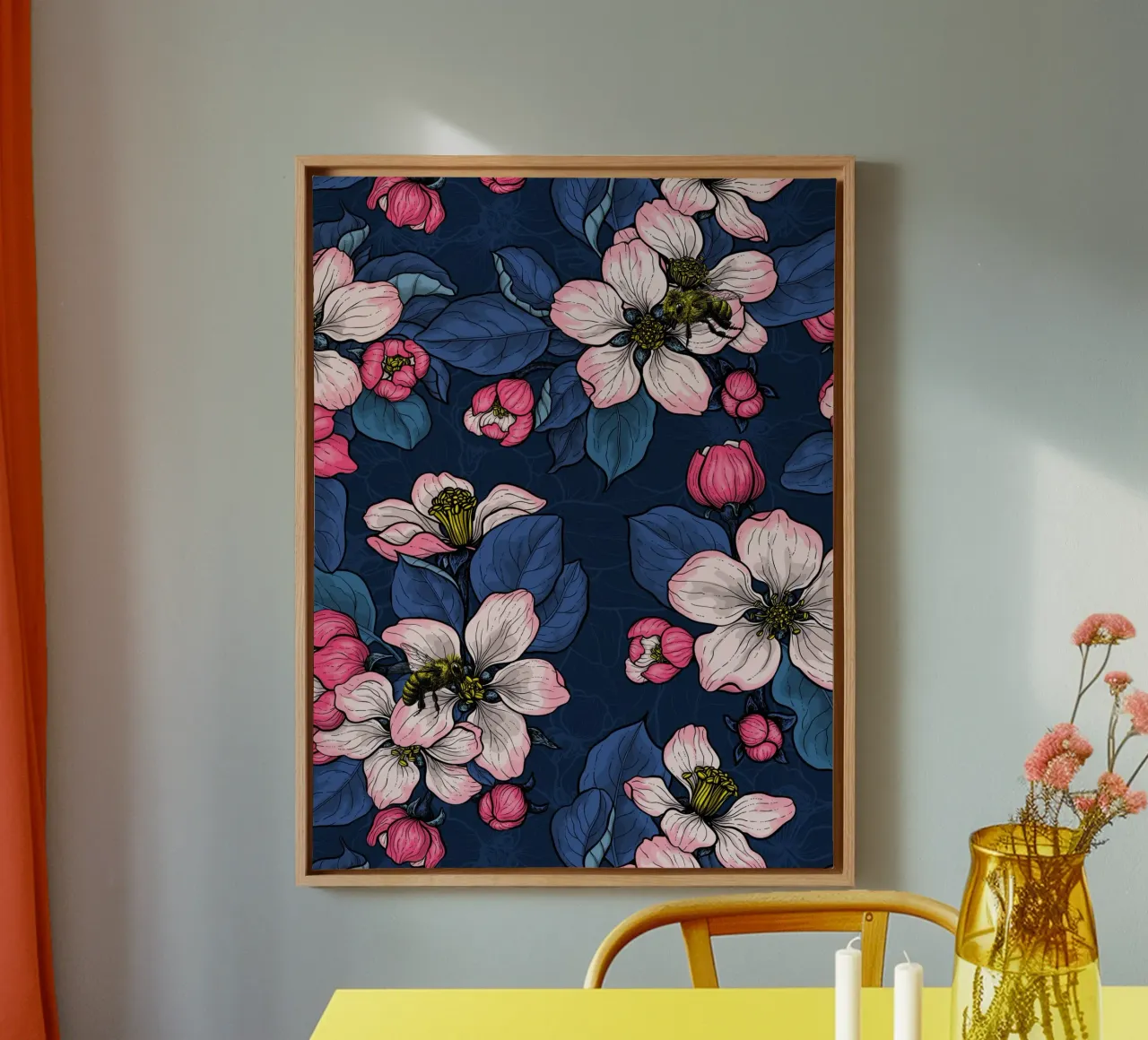 Apfelblüte auf Dunkelblau Leinwand mit Schattenfugenrahmen von Painted Nature