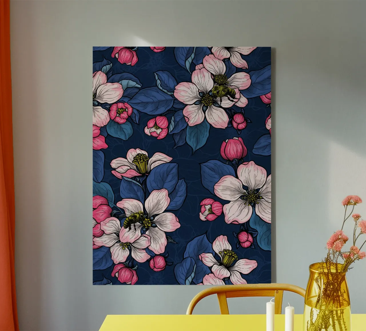 Apfelblüte auf Dunkelblau Leinwand mit Schattenfugenrahmen von Painted Nature