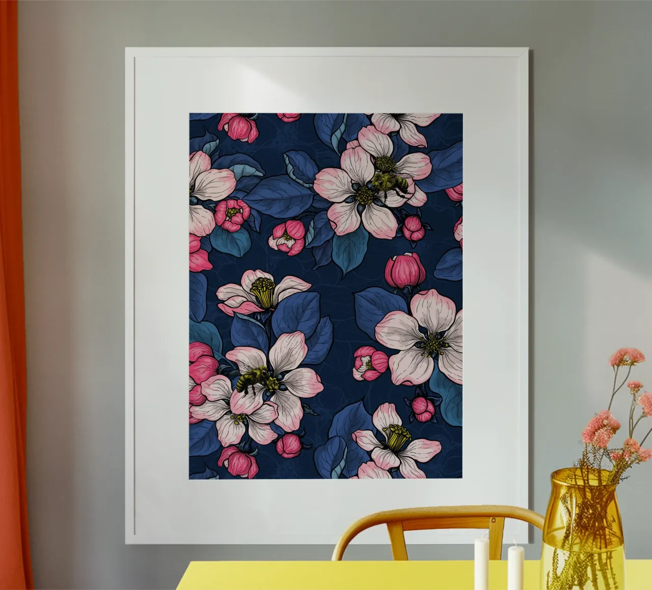Apfelblüte auf Dunkelblau Hahnemühle von Painted Nature