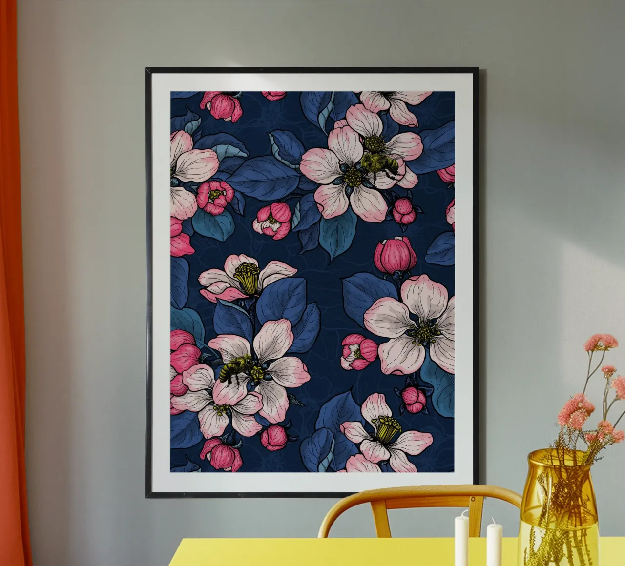 Apfelblüte auf Dunkelblau Hahnemühle von Painted Nature