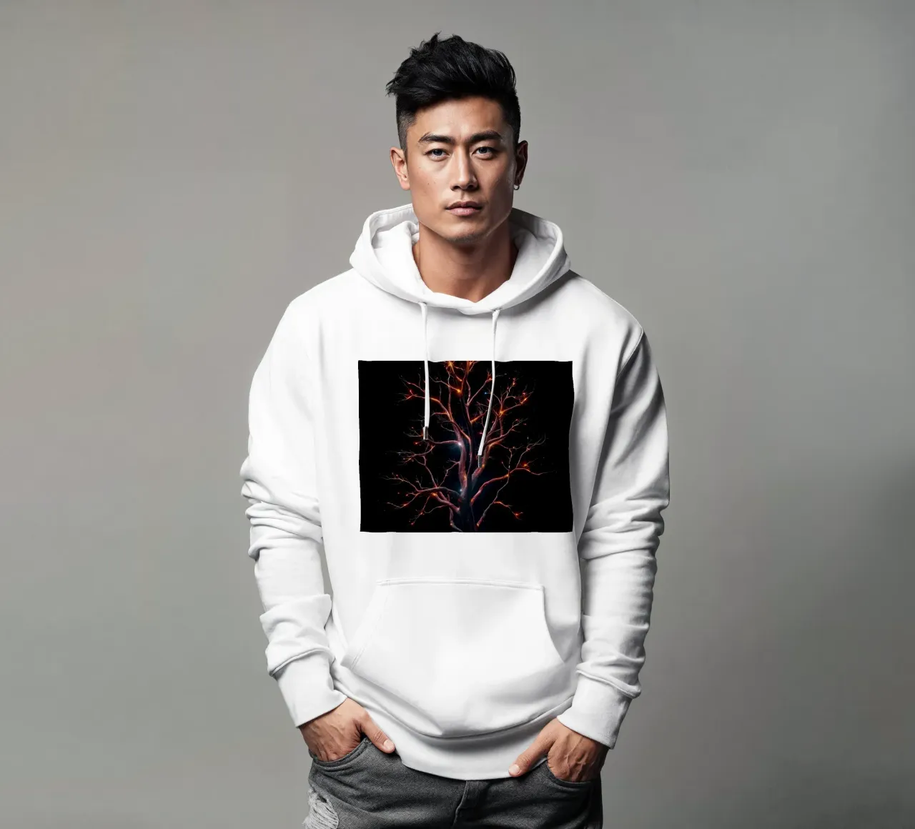 Captivating abstract tree design with glowing branches hoodie by DesignDoodle