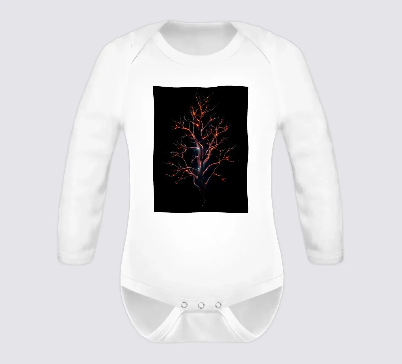 Captivating abstract tree design with glowing branches long-sleeve baby romper by DesignDoodle