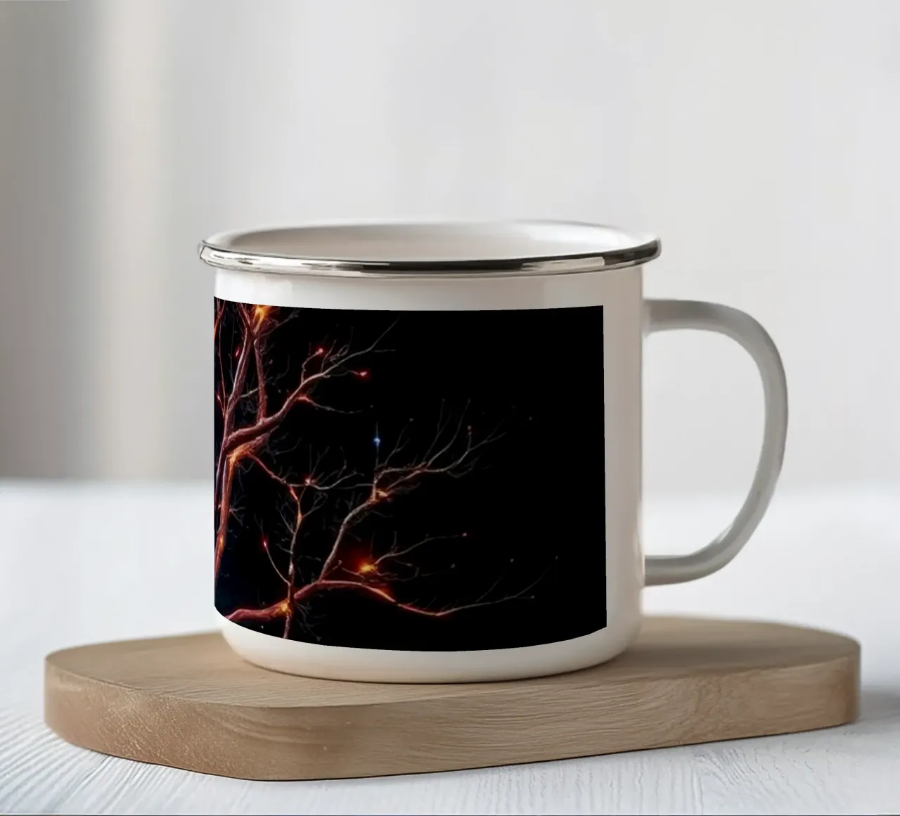 Captivating abstract tree design with glowing branches enamel mug by DesignDoodle