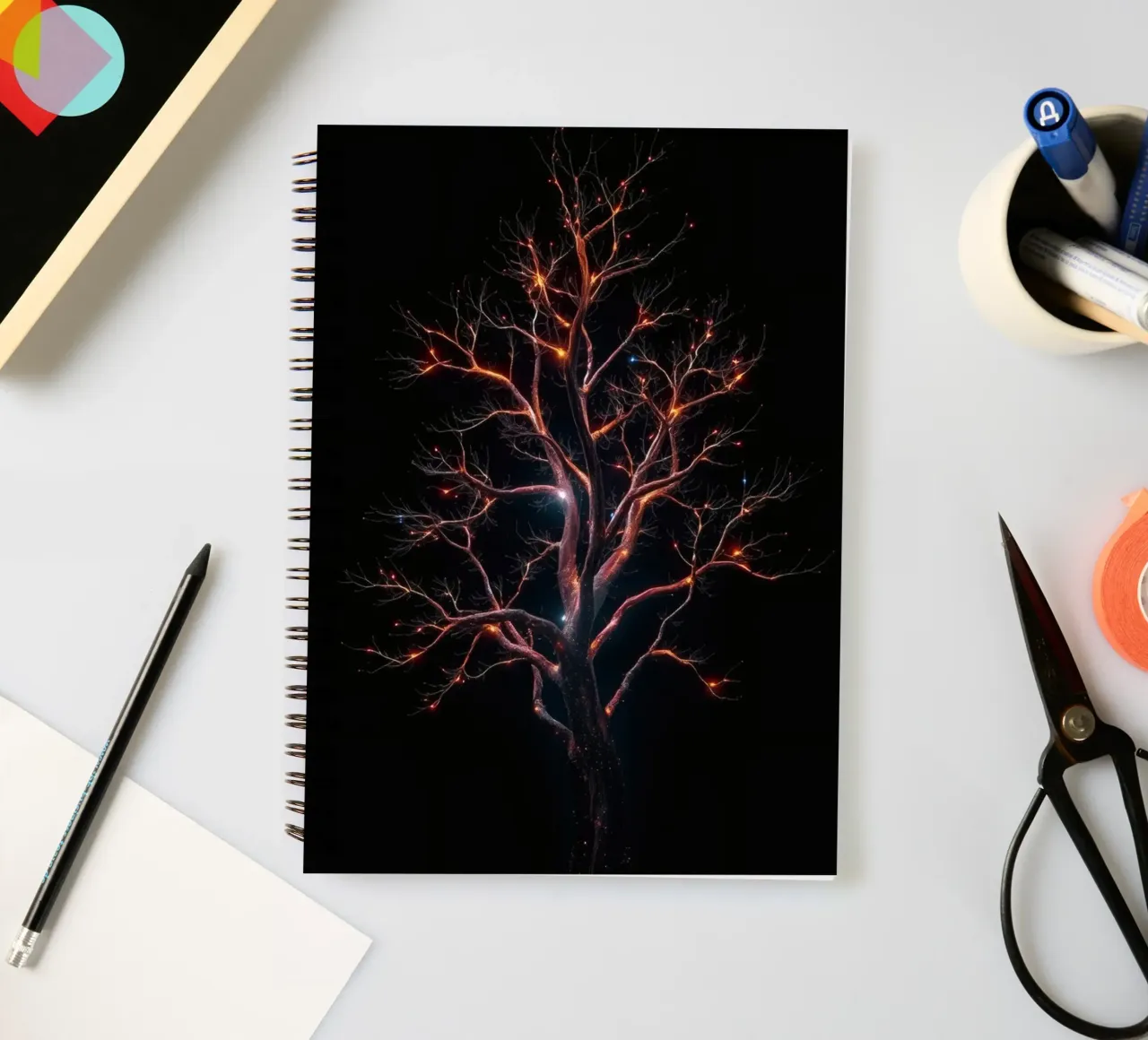 Captivating abstract tree design with glowing branches spiral notebook by DesignDoodle