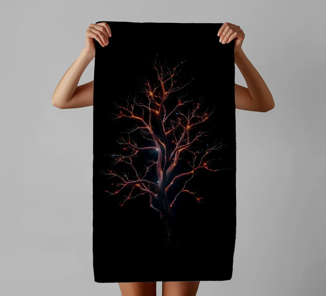 Captivating abstract tree design with glowing branches towel by DesignDoodle