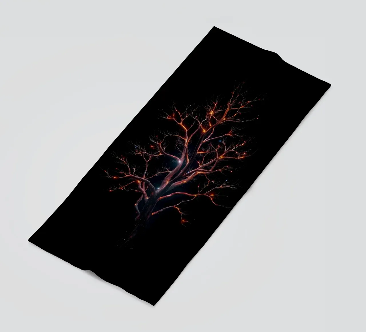 Captivating abstract tree design with glowing branches beach towel by DesignDoodle