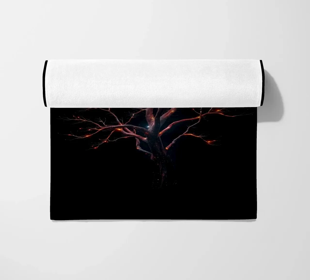 Captivating abstract tree design with glowing branches beach towel by DesignDoodle