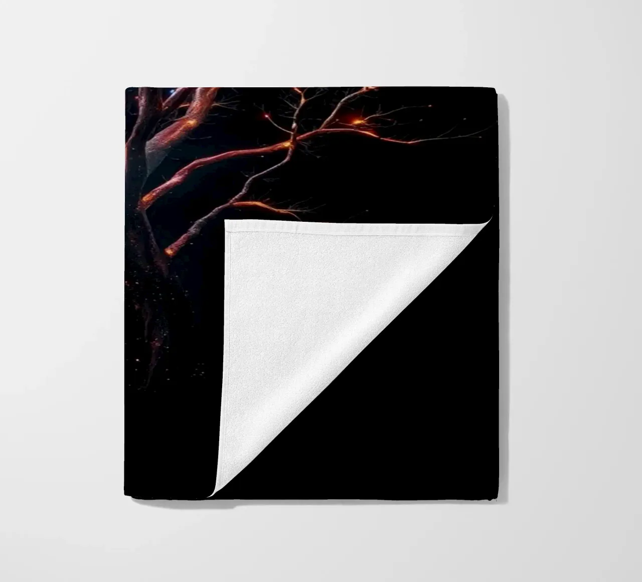 Captivating abstract tree design with glowing branches beach towel by DesignDoodle