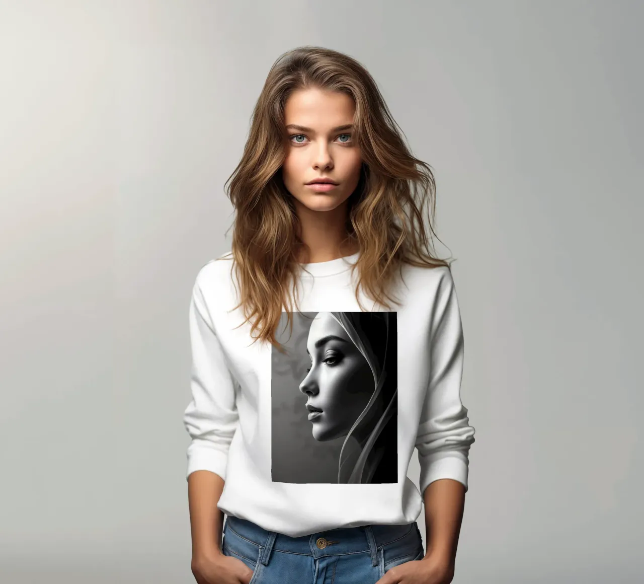 Elegant black and white portrait with soft fabric draping sweatshirt by DesignDoodle