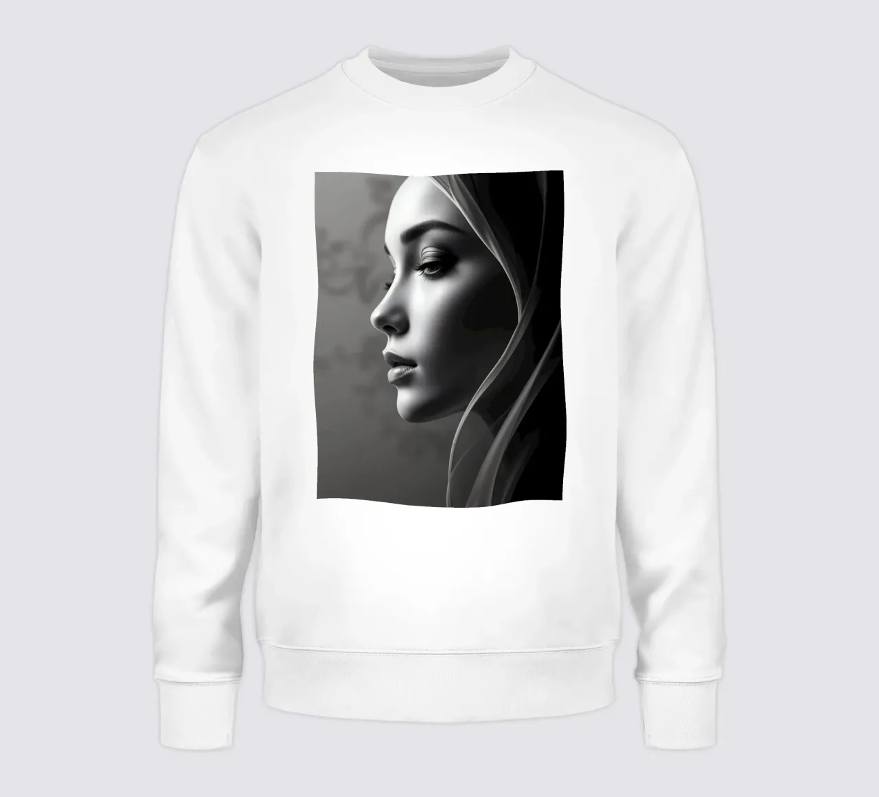Elegant black and white portrait with soft fabric draping sweatshirt by DesignDoodle