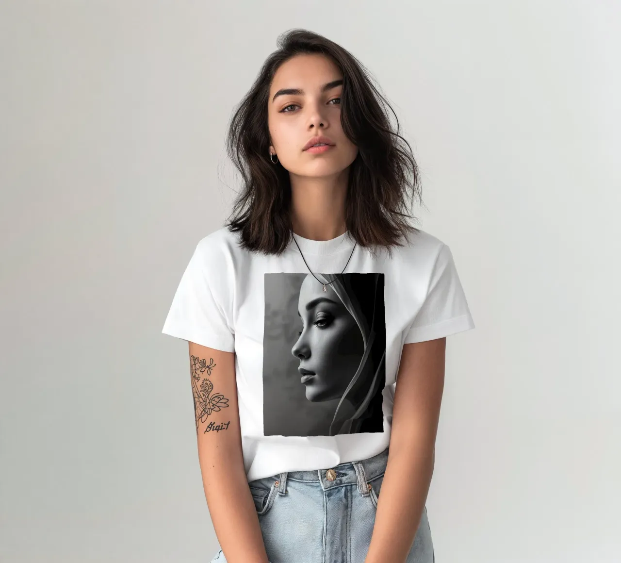 Elegant black and white portrait with soft fabric draping t-shirt by DesignDoodle