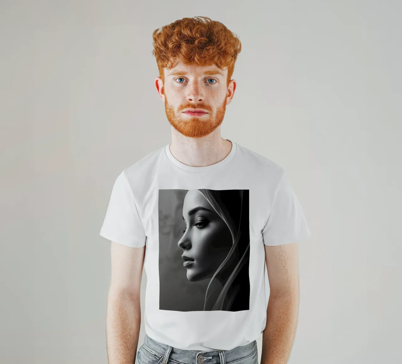 Elegant black and white portrait with soft fabric draping t-shirt by DesignDoodle