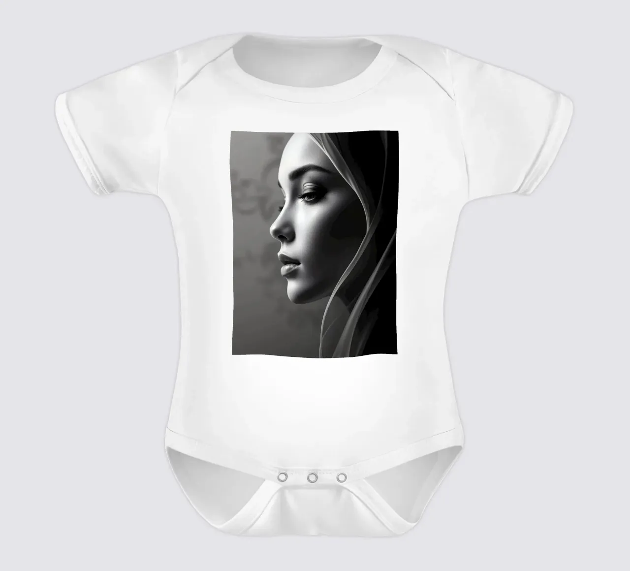 Elegant black and white portrait with soft fabric draping short-sleeve baby romper by DesignDoodle