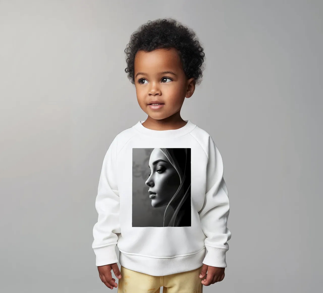 Elegant black and white portrait with soft fabric draping baby sweatshirt by DesignDoodle