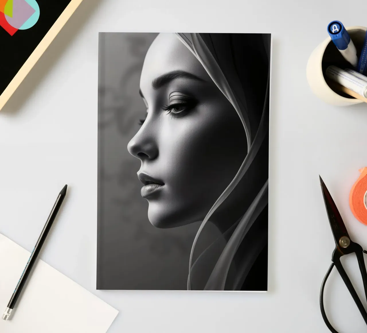 Elegant black and white portrait with soft fabric draping notebook by DesignDoodle