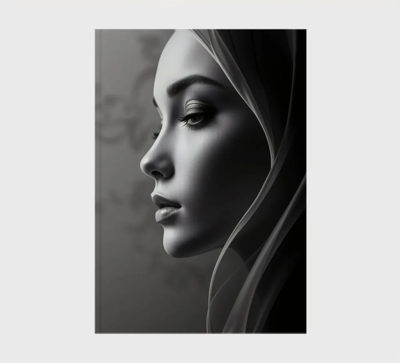 Elegant black and white portrait with soft fabric draping notebook by DesignDoodle
