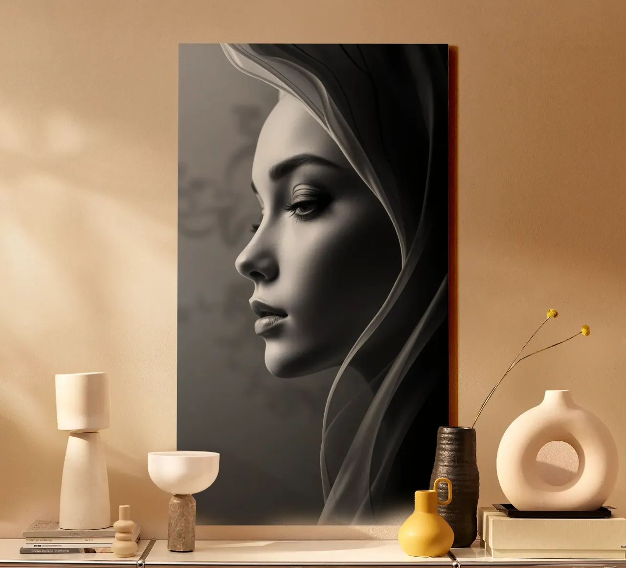 Elegant black and white portrait with soft fabric draping canvas by DesignDoodle