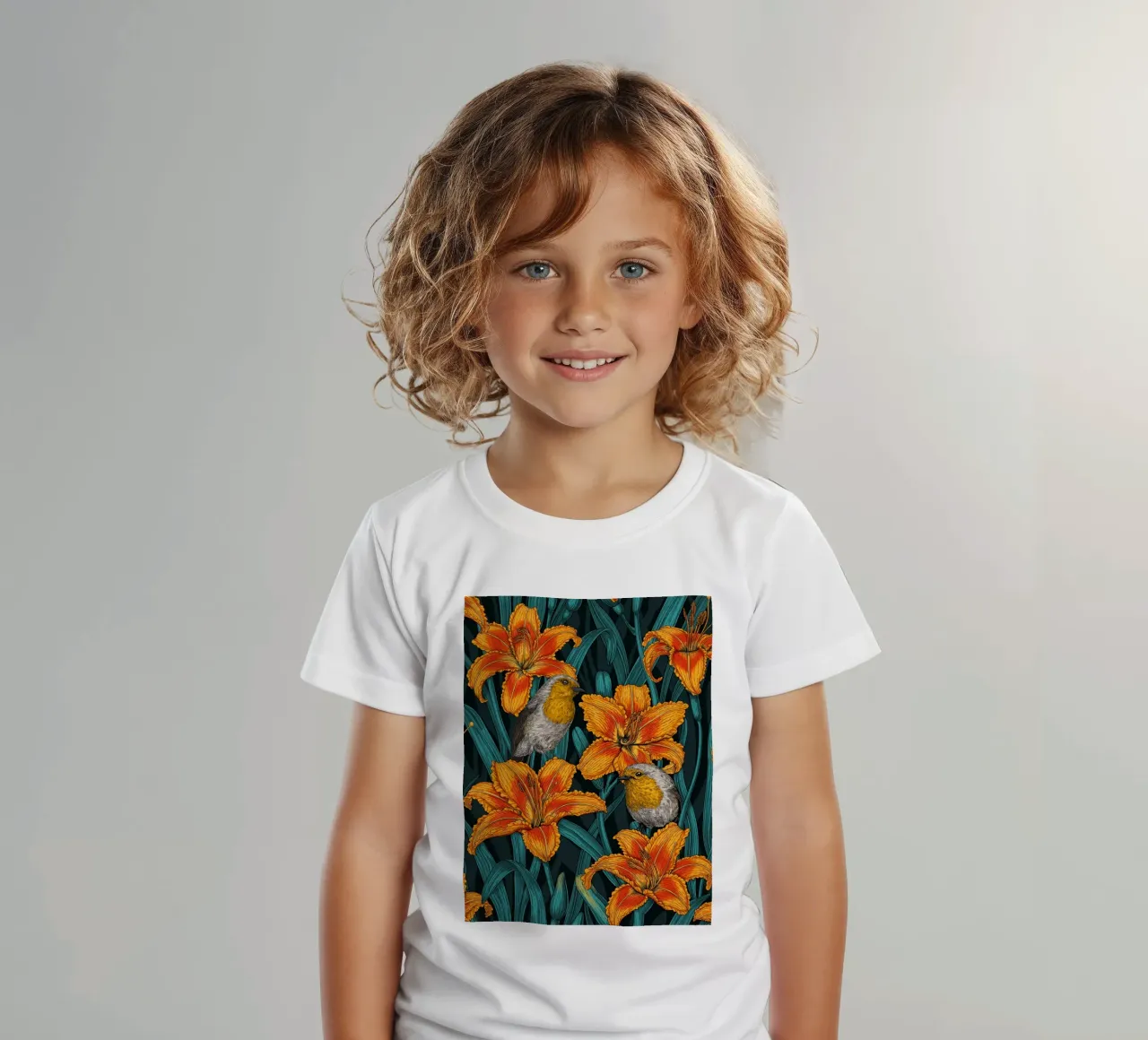 Robins and lily flowers kids t-shirt by Painted Nature