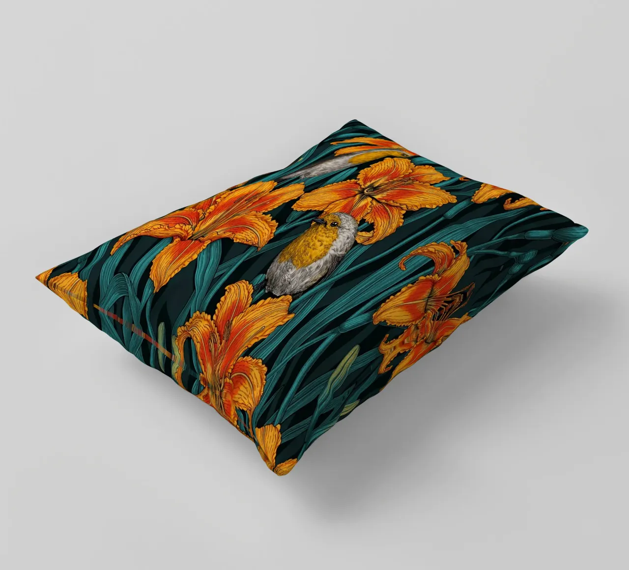 Pettirosso e fiori di giglio cuscino da Painted Nature