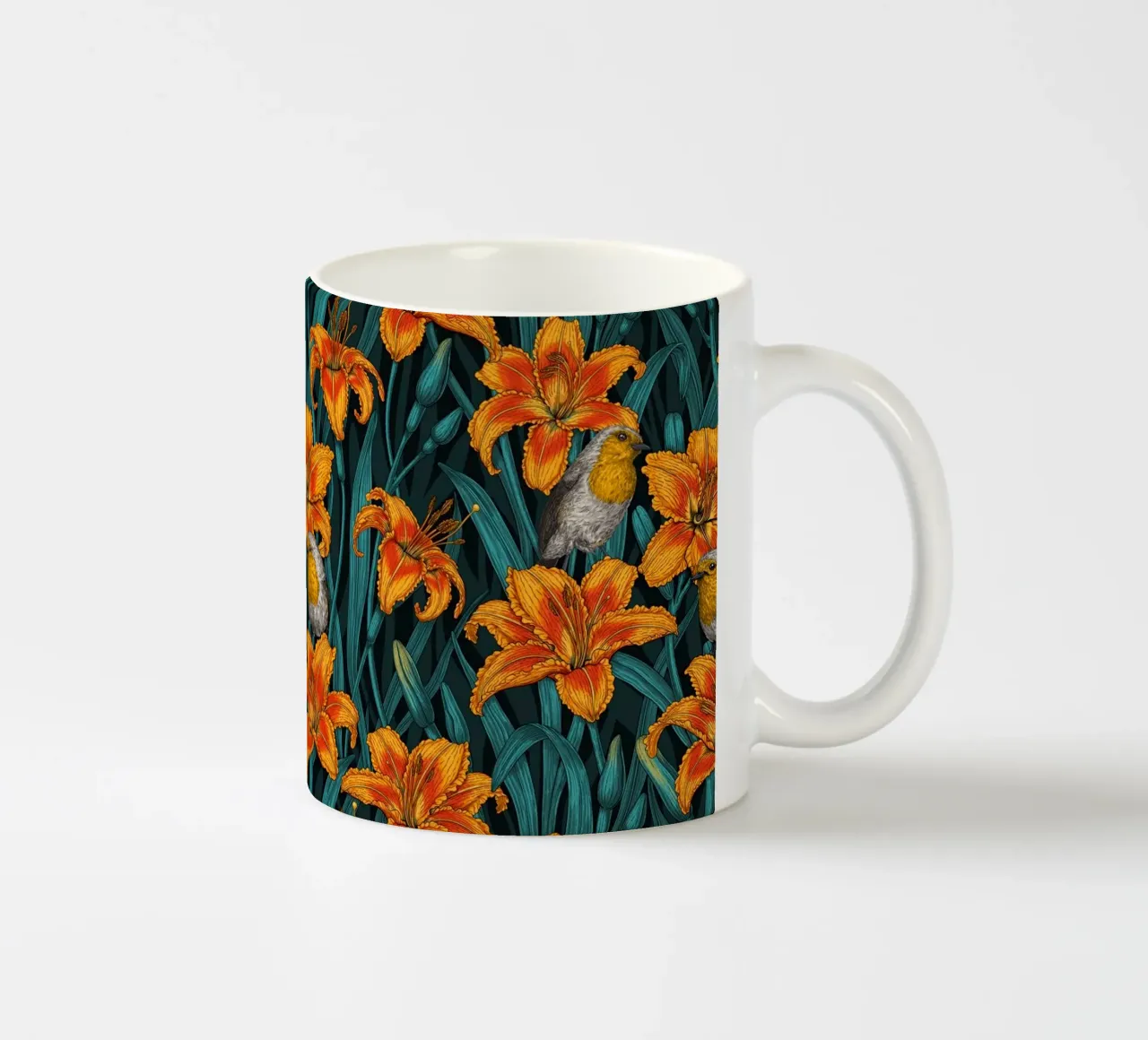 Pettirosso e fiori di giglio tazza in ceramica da Painted Nature