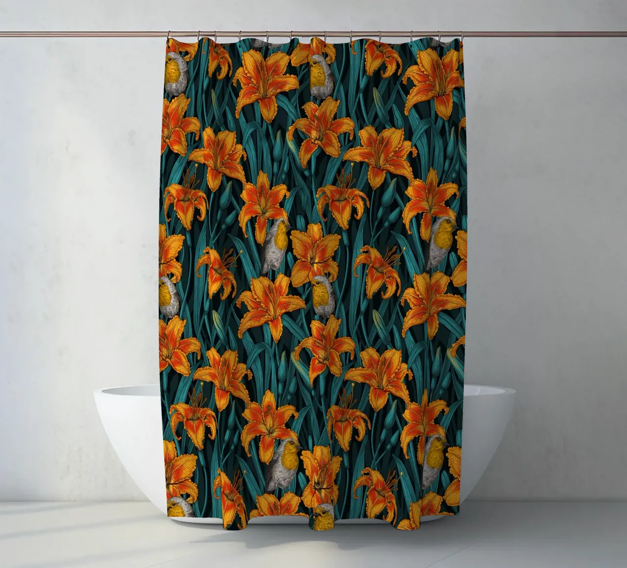Pettirosso e fiori di giglio tenda da doccia da Painted Nature
