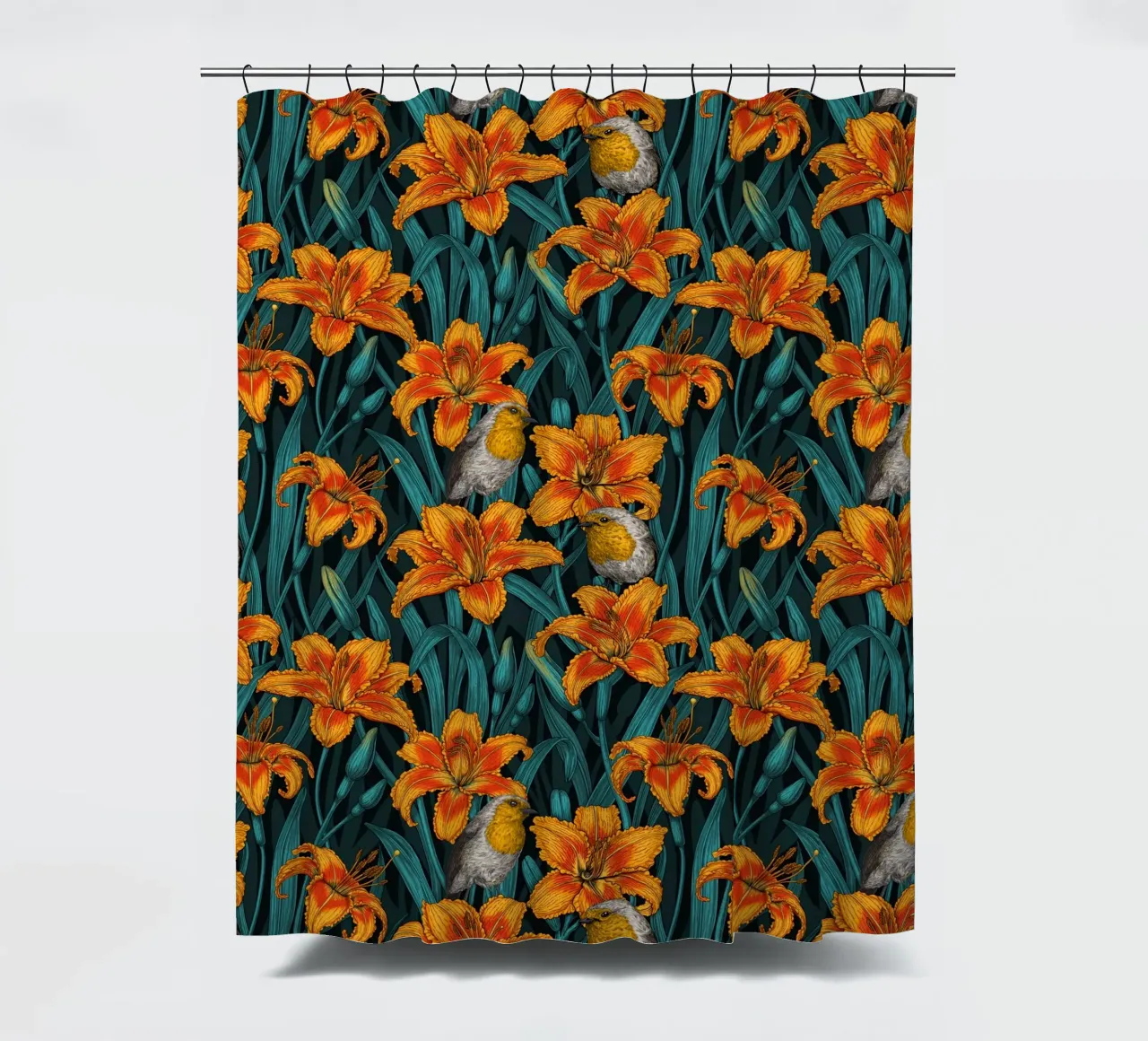 Pettirosso e fiori di giglio tenda da doccia da Painted Nature