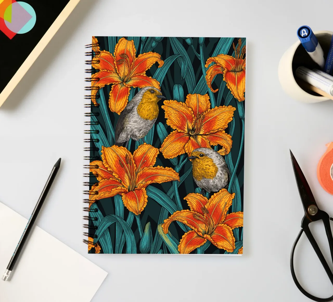 Robins and lily flowers spiral notebook by Painted Nature
