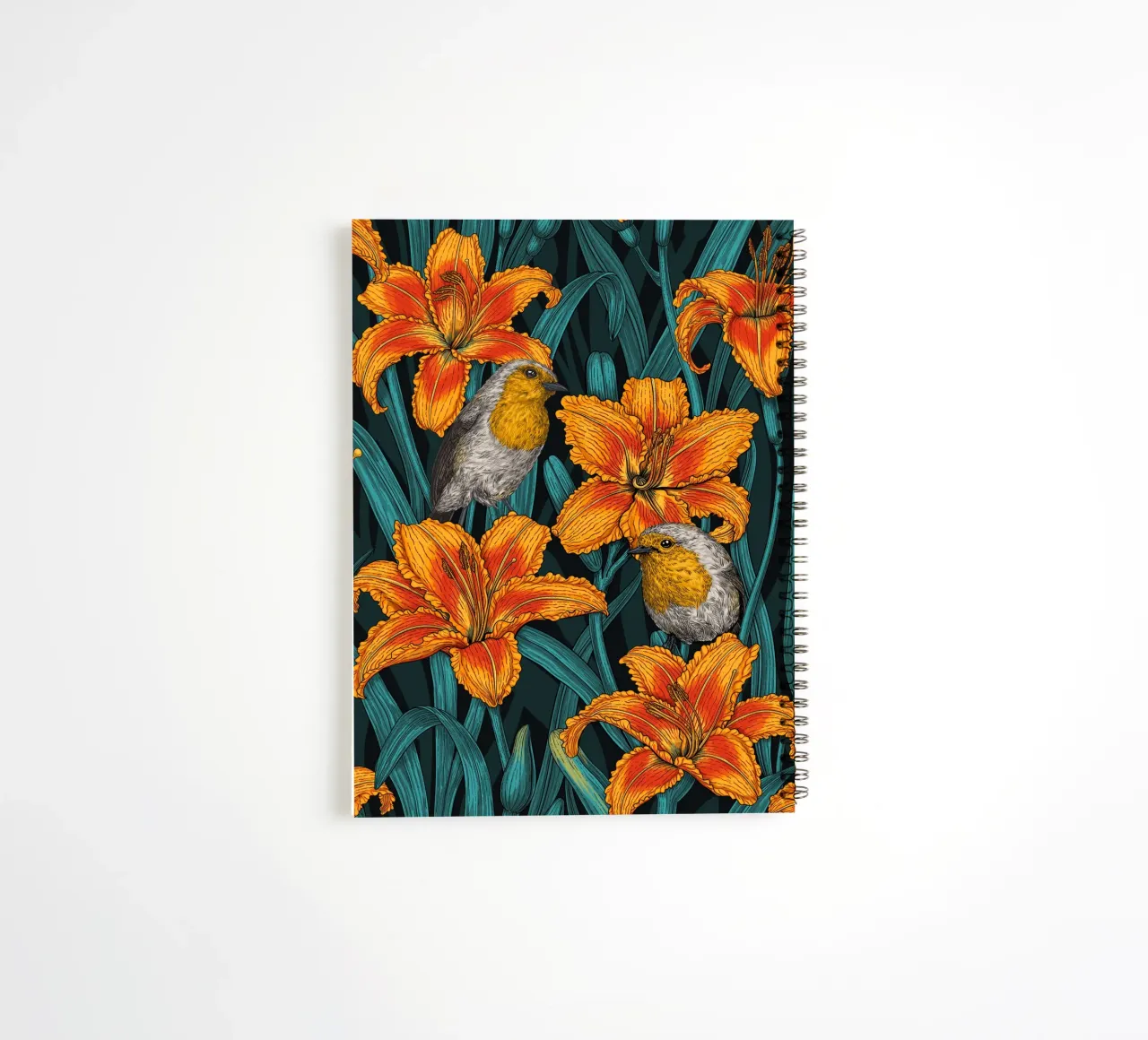 Robins and lily flowers spiral notebook by Painted Nature