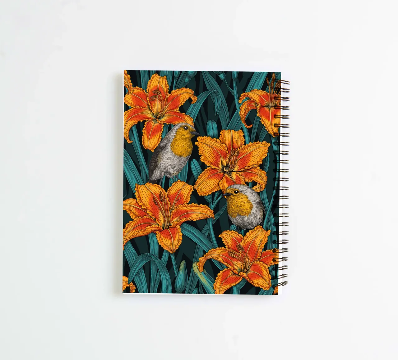 Robins and lily flowers spiral notebook by Painted Nature