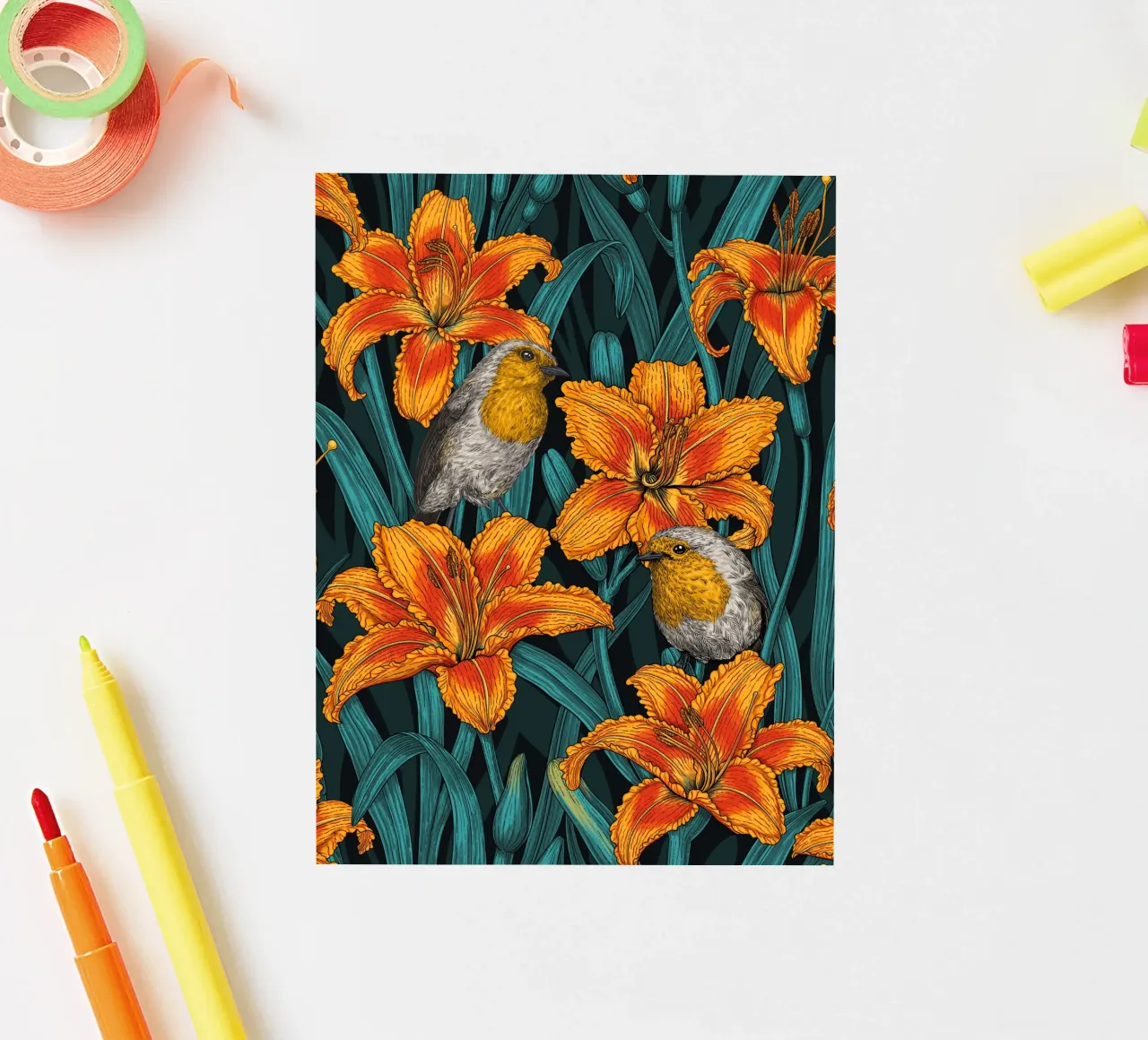 Pettirosso e fiori di giglio adesivo da Painted Nature