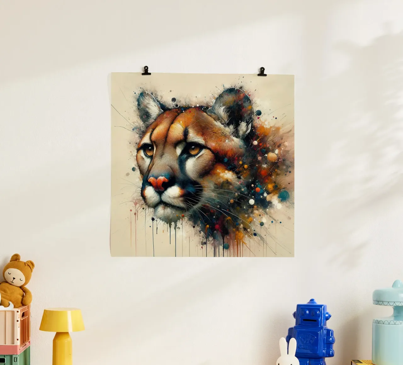 Cougar aquarelle poster avec cadre en aluminium de Chromatic Fusion Studio
