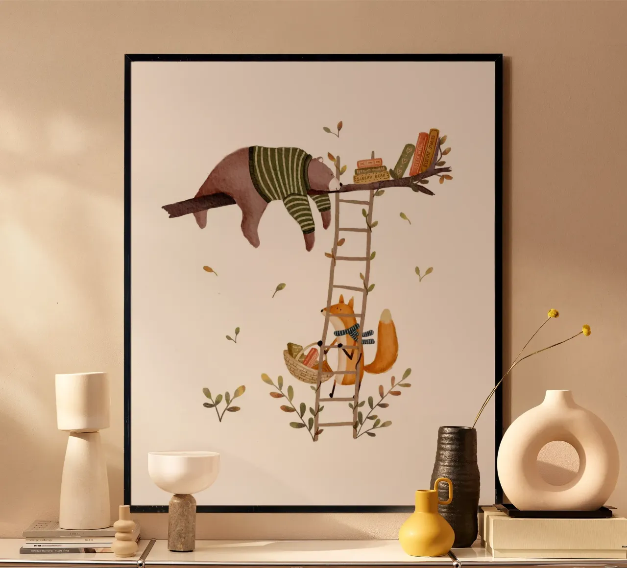 Storia della buonanotte - Barnaby e Florence Arte per bambini poster con telaio in alluminio da Urchin Bay Art