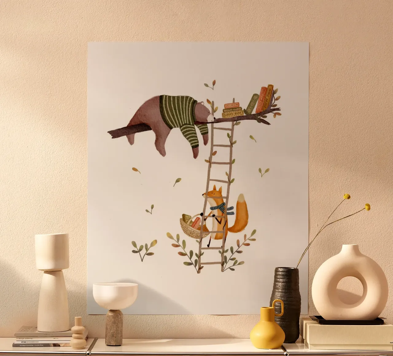 Storia della buonanotte - Barnaby e Florence Arte per bambini poster con telaio in alluminio da Urchin Bay Art