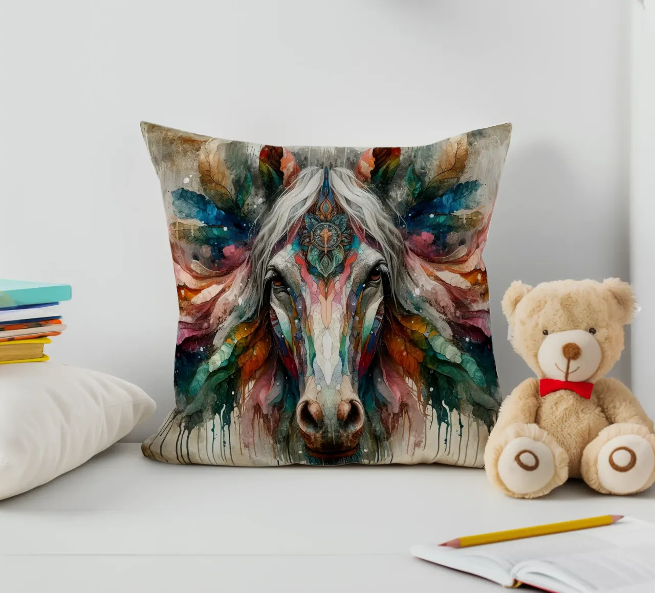 Cavallo acquerellato cuscino da Chromatic Fusion Studio
