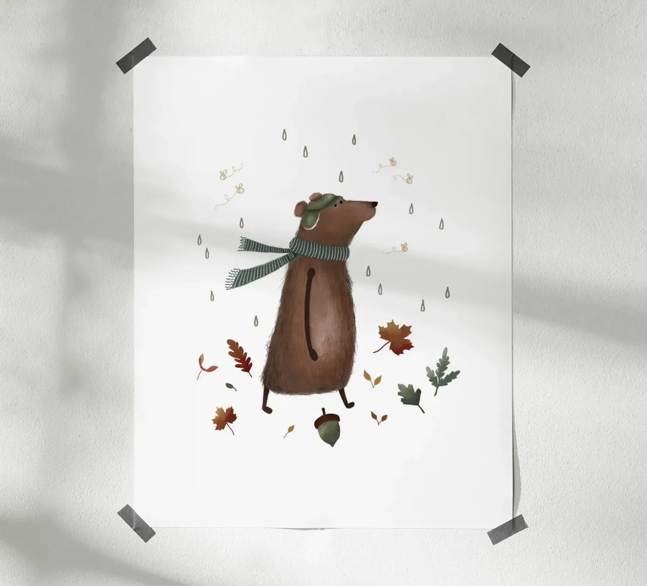 Accogliente orso autunnale - Stampa d'arte di un animale del bosco stravagante poster con telaio in alluminio da Urchin Bay Art