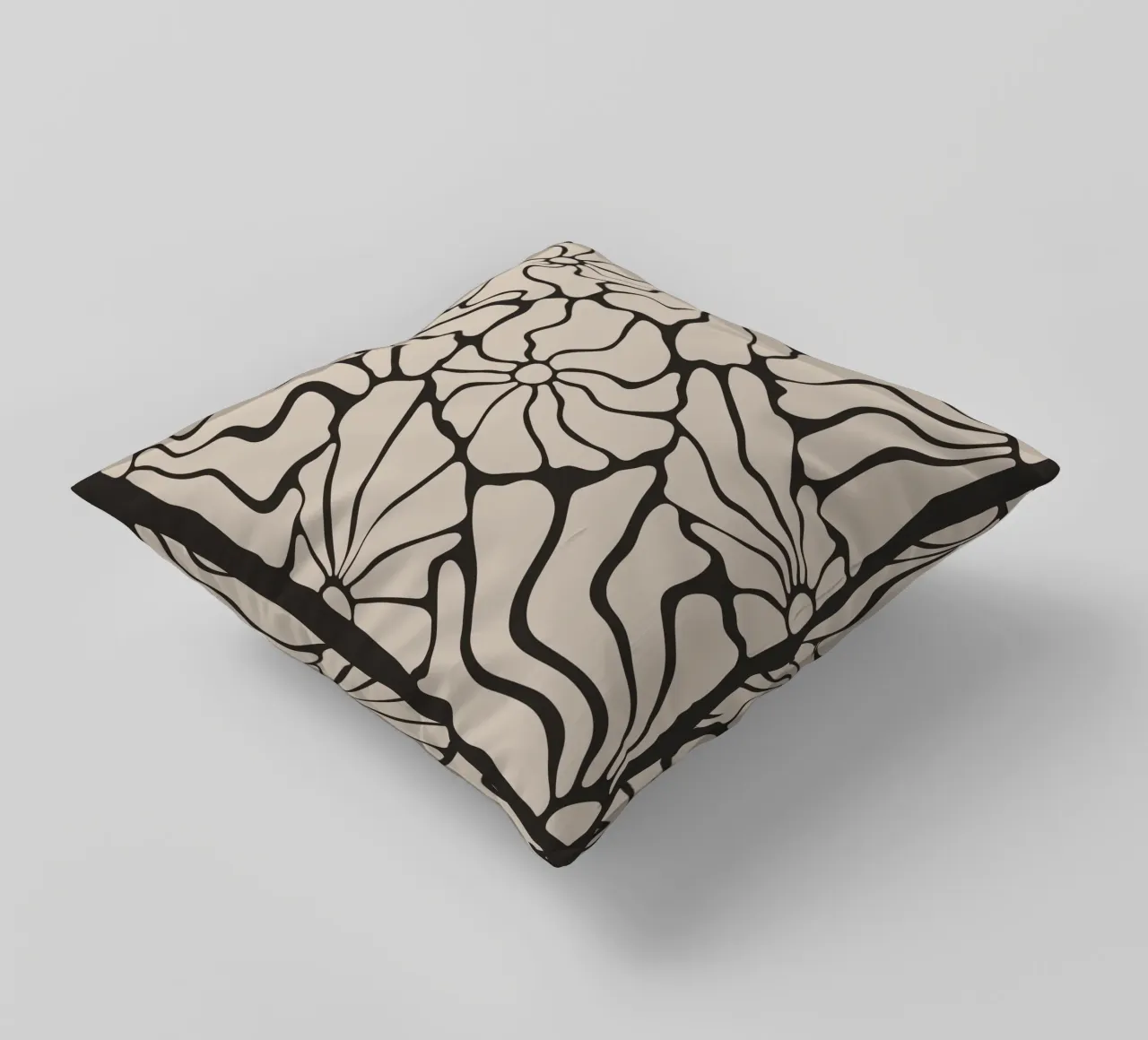 Abstract Midcentury Modern 80s Flowers Black Beige decorative cushion by Modern Muse