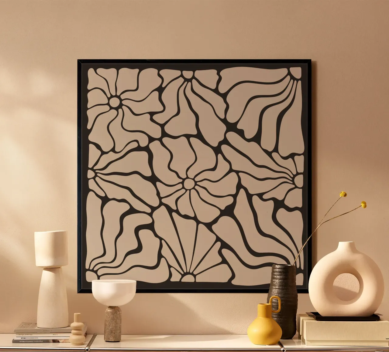 Astratto Midcentury Modern 80s Fiori Nero Beige carta hahnemühle da Modern Muse