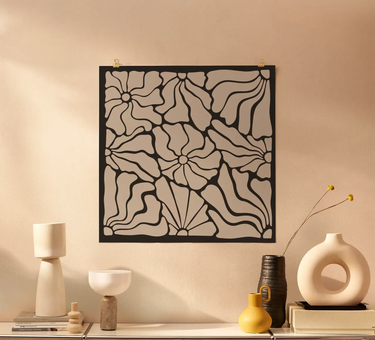Astratto Midcentury Modern 80s Fiori Nero Beige carta hahnemühle da Modern Muse